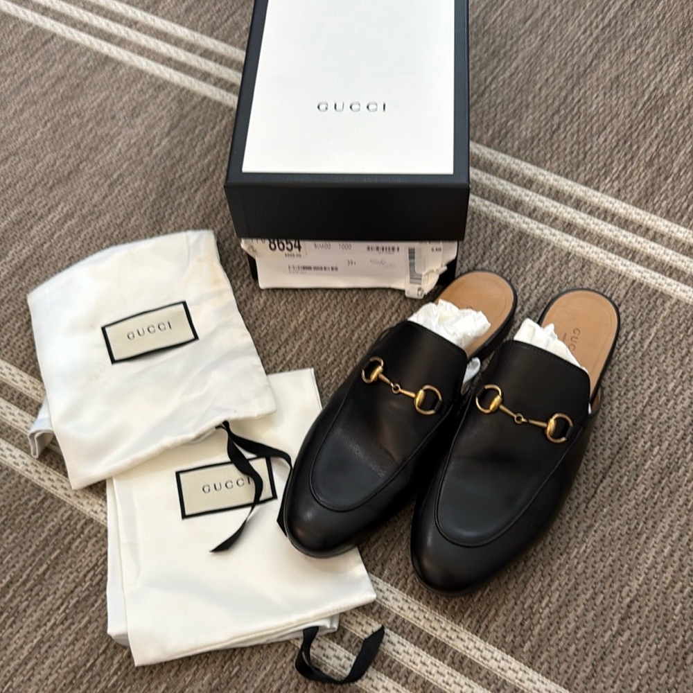Authentic Gucci Princeton Leather Mule Loafers with Horsebit 39.5 Black Nero